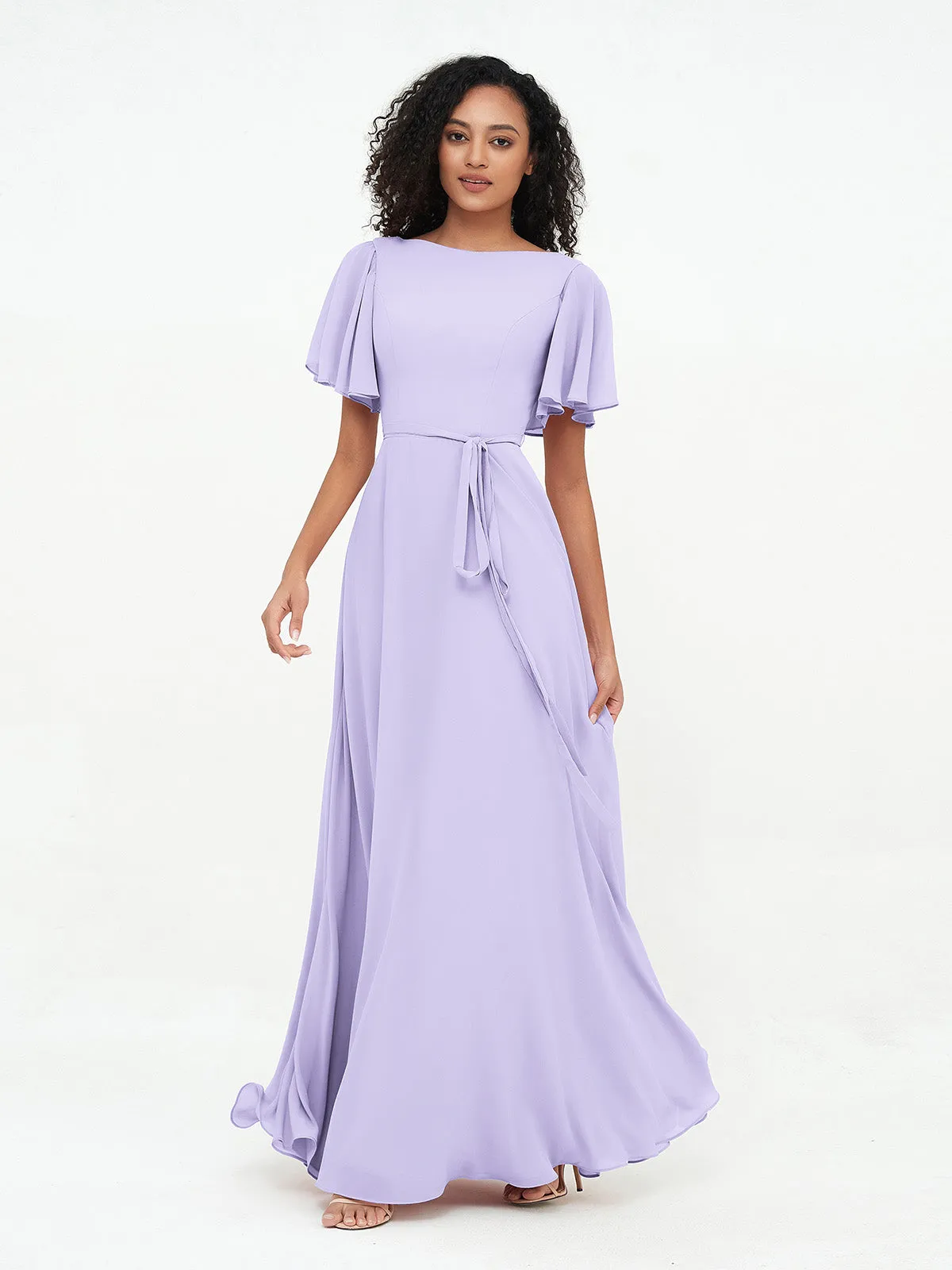 Flutter Sleeves Chiffon Max Dresses with Sash Bow-Lilac