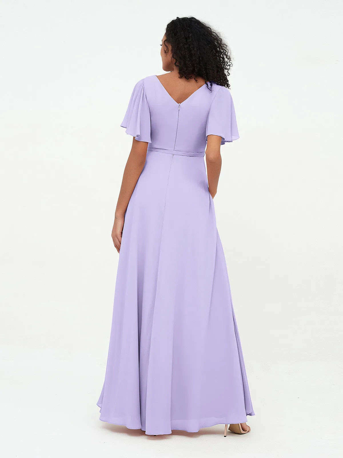 Flutter Sleeves Chiffon Max Dresses with Sash Bow-Lilac