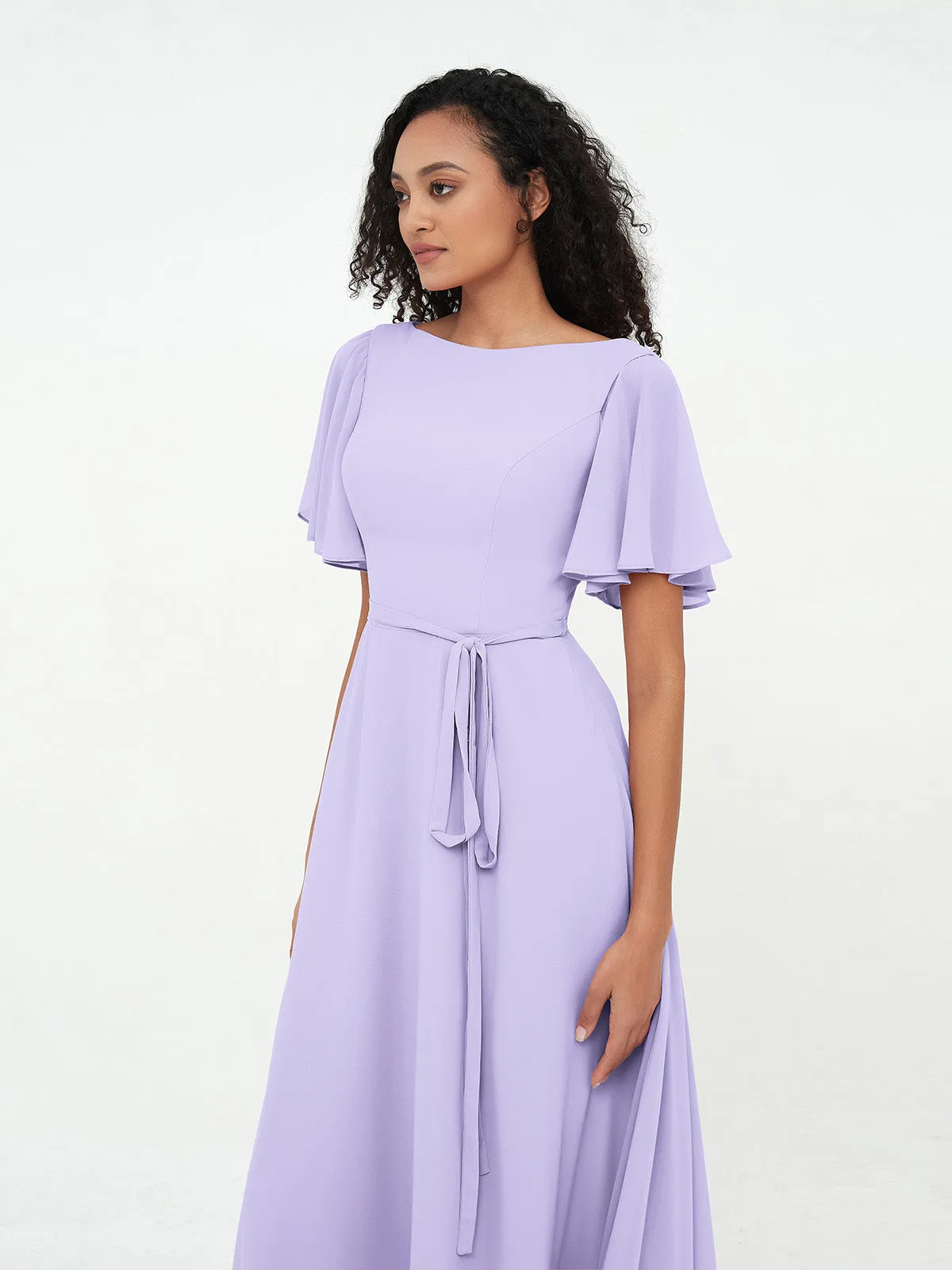 Flutter Sleeves Chiffon Max Dresses with Sash Bow-Lilac