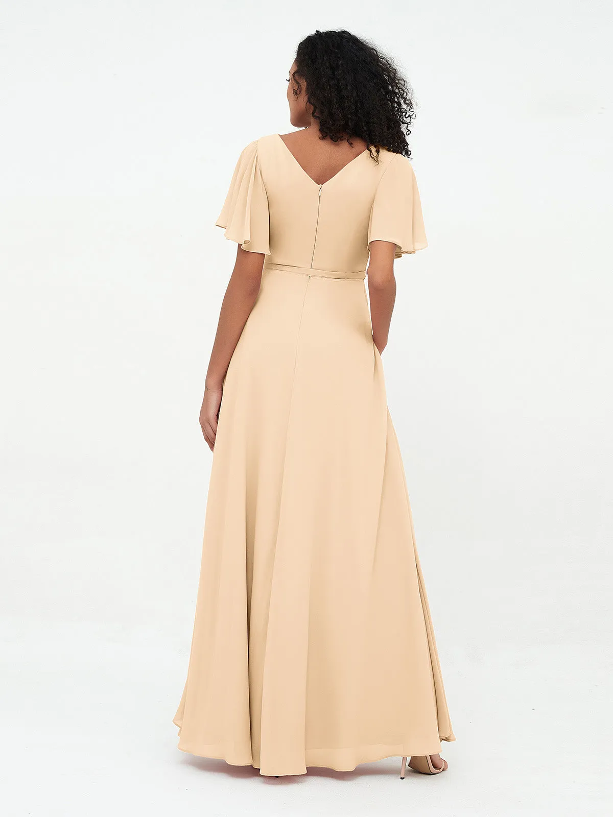 Flutter Sleeves Chiffon Max Dresses with Sash Bow-Peach