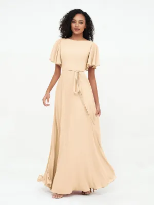 Flutter Sleeves Chiffon Max Dresses with Sash Bow-Peach