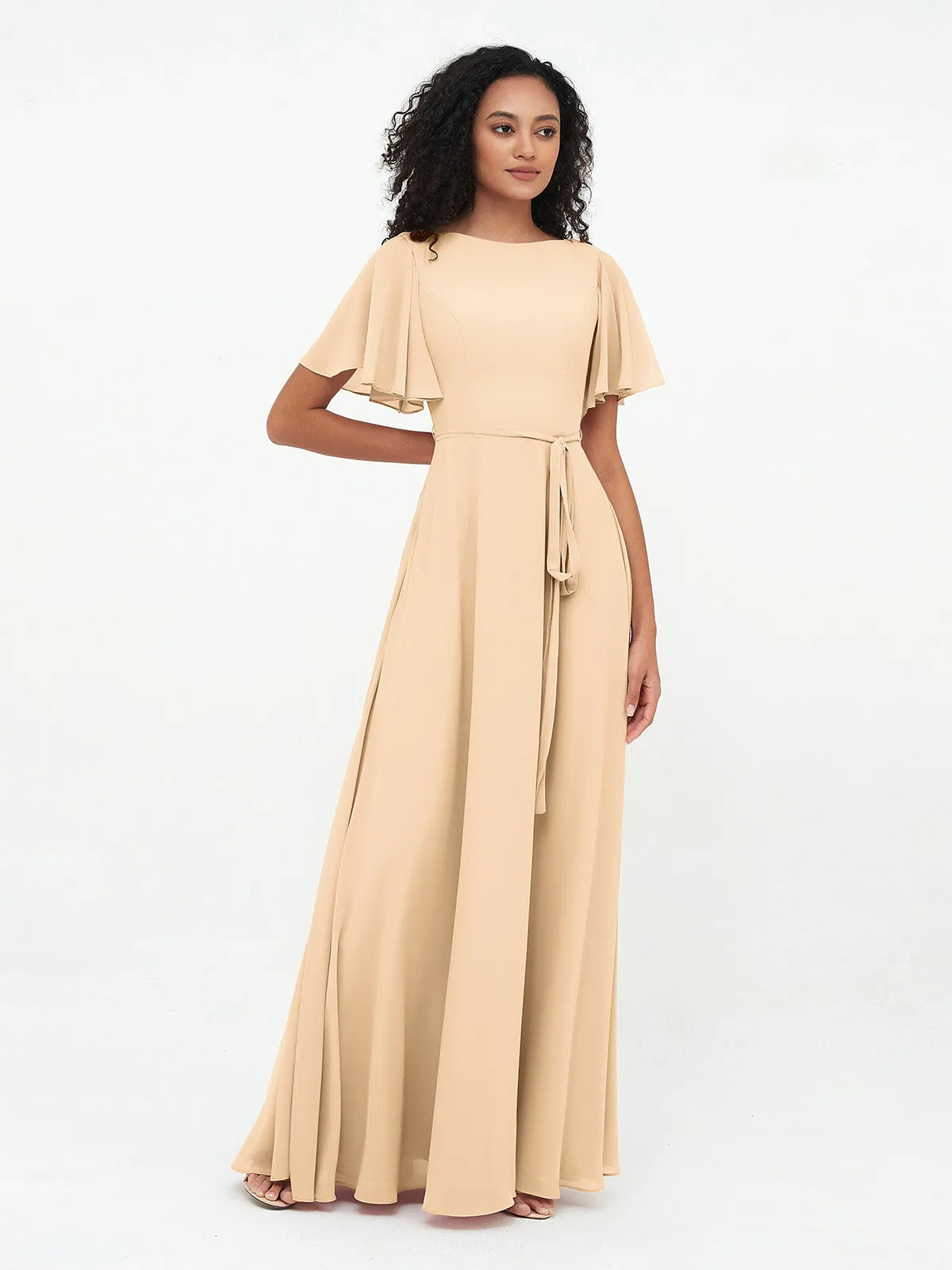 Flutter Sleeves Chiffon Max Dresses with Sash Bow-Peach