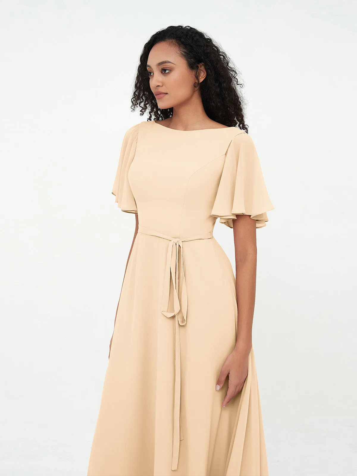 Flutter Sleeves Chiffon Max Dresses with Sash Bow-Peach
