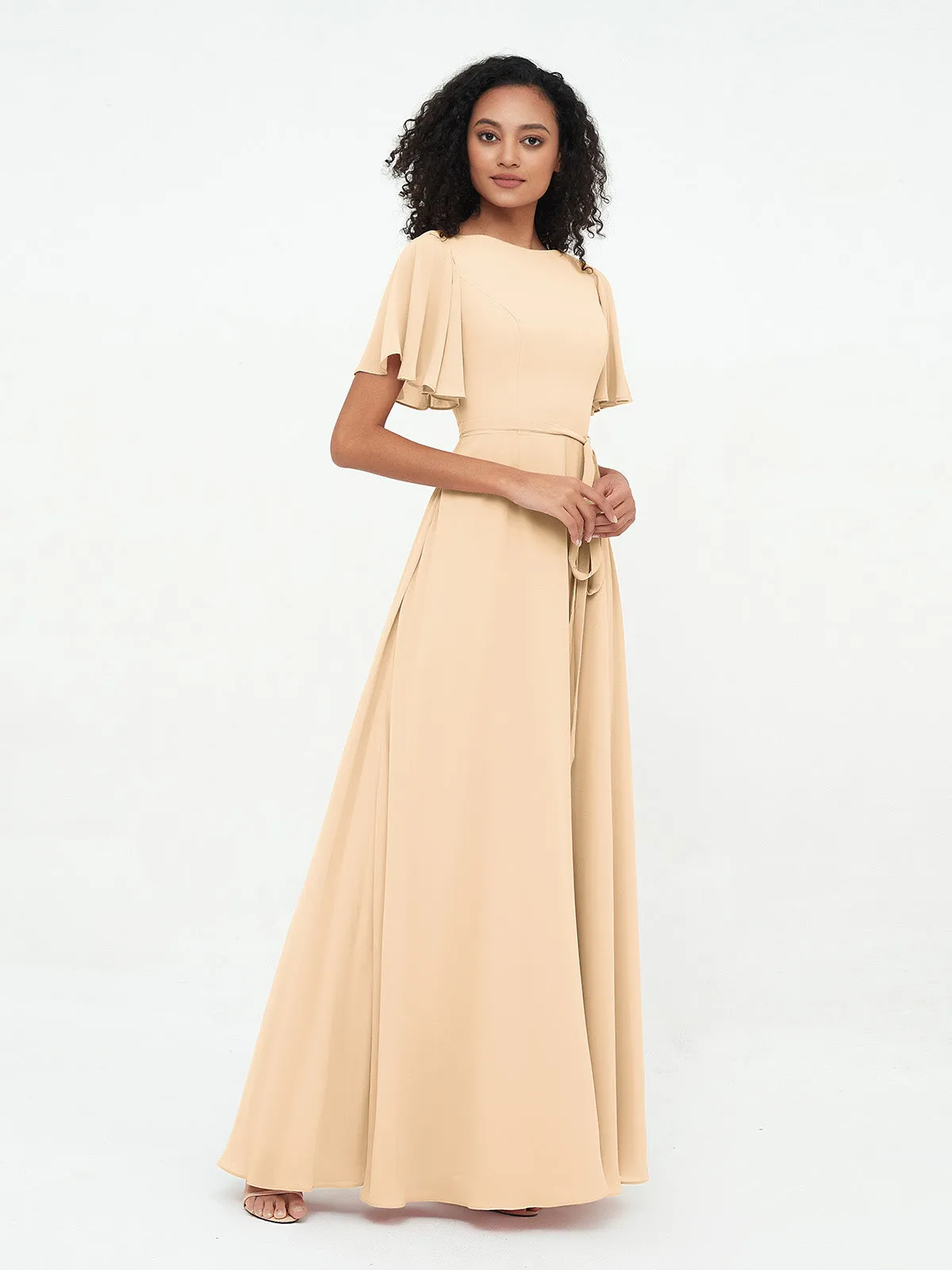 Flutter Sleeves Chiffon Max Dresses with Sash Bow-Peach