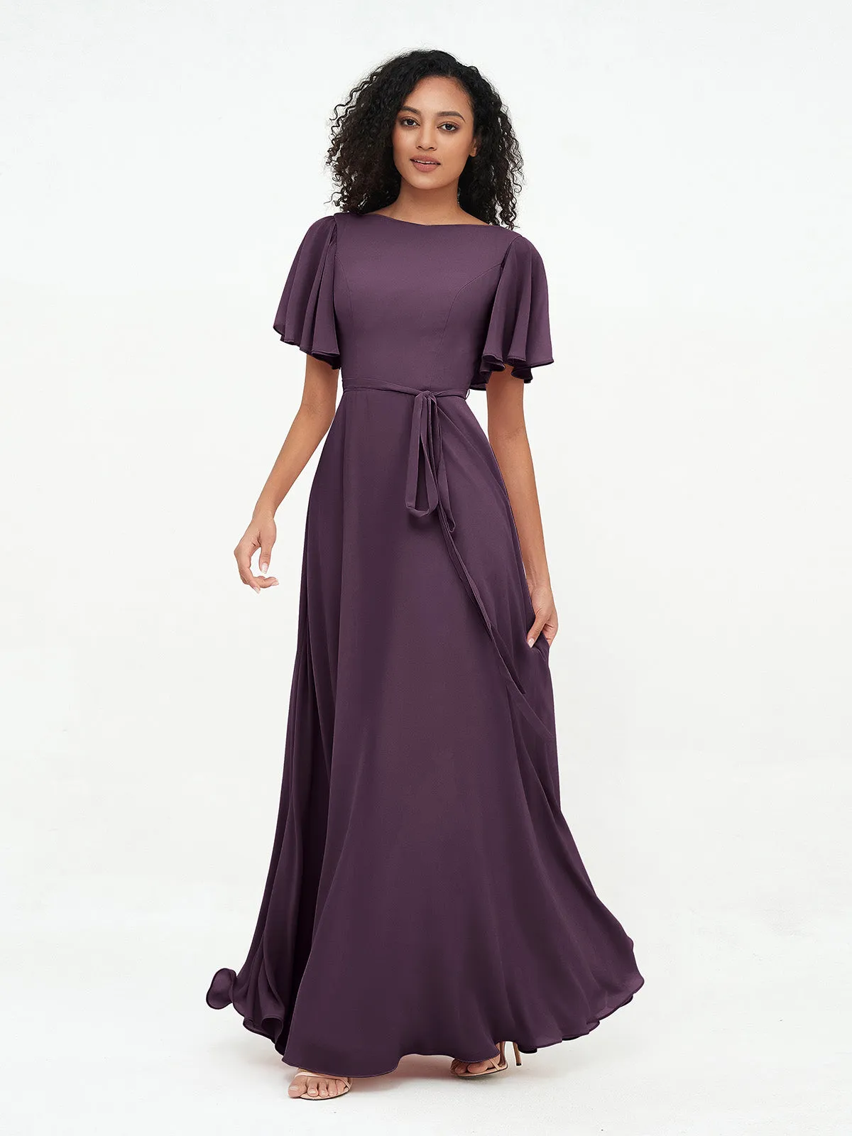Flutter Sleeves Chiffon Max Dresses with Sash Bow-Plum
