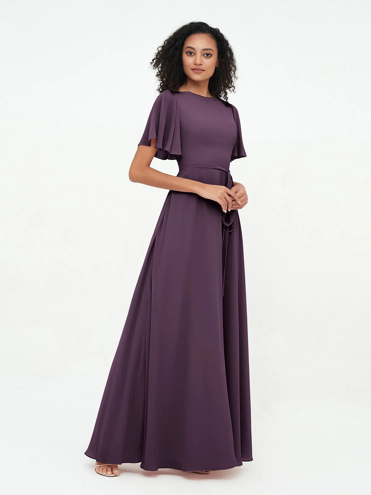 Flutter Sleeves Chiffon Max Dresses with Sash Bow-Plum