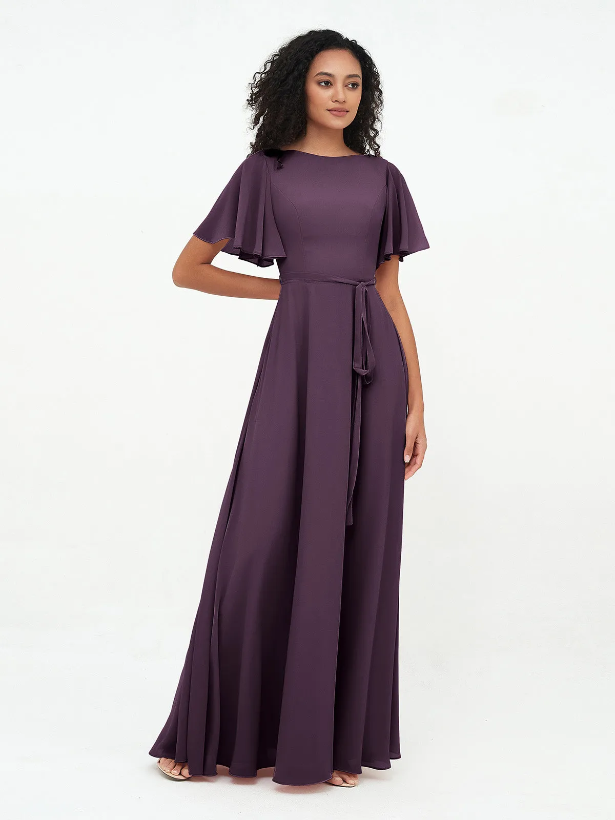 Flutter Sleeves Chiffon Max Dresses with Sash Bow-Plum