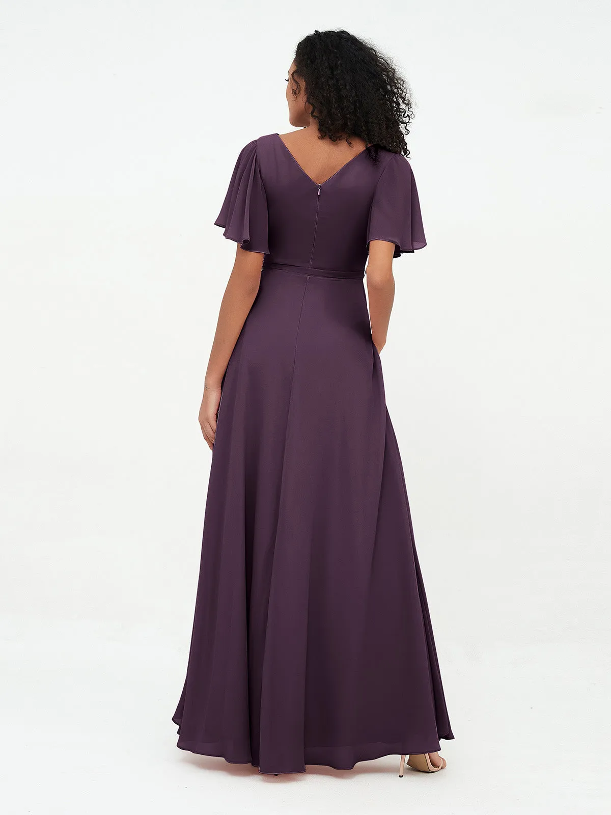 Flutter Sleeves Chiffon Max Dresses with Sash Bow-Plum