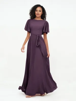 Flutter Sleeves Chiffon Max Dresses with Sash Bow-Plum