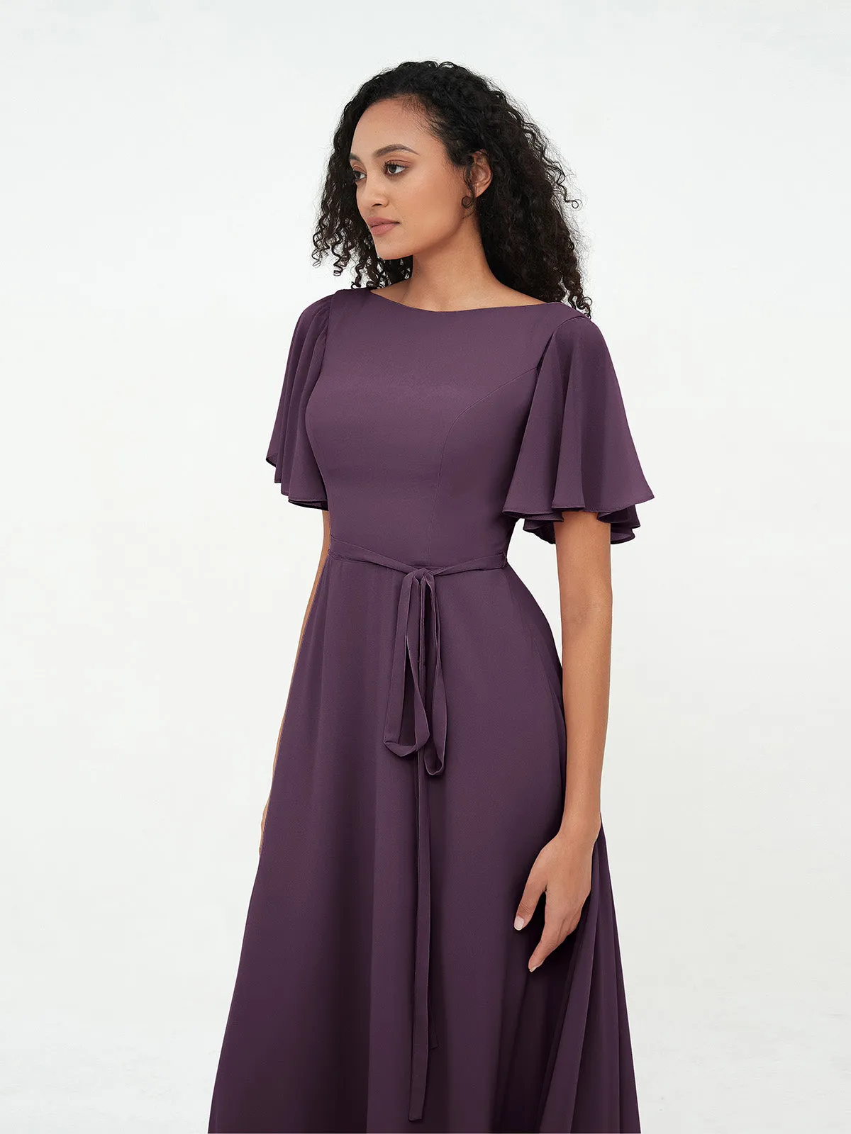 Flutter Sleeves Chiffon Max Dresses with Sash Bow-Plum