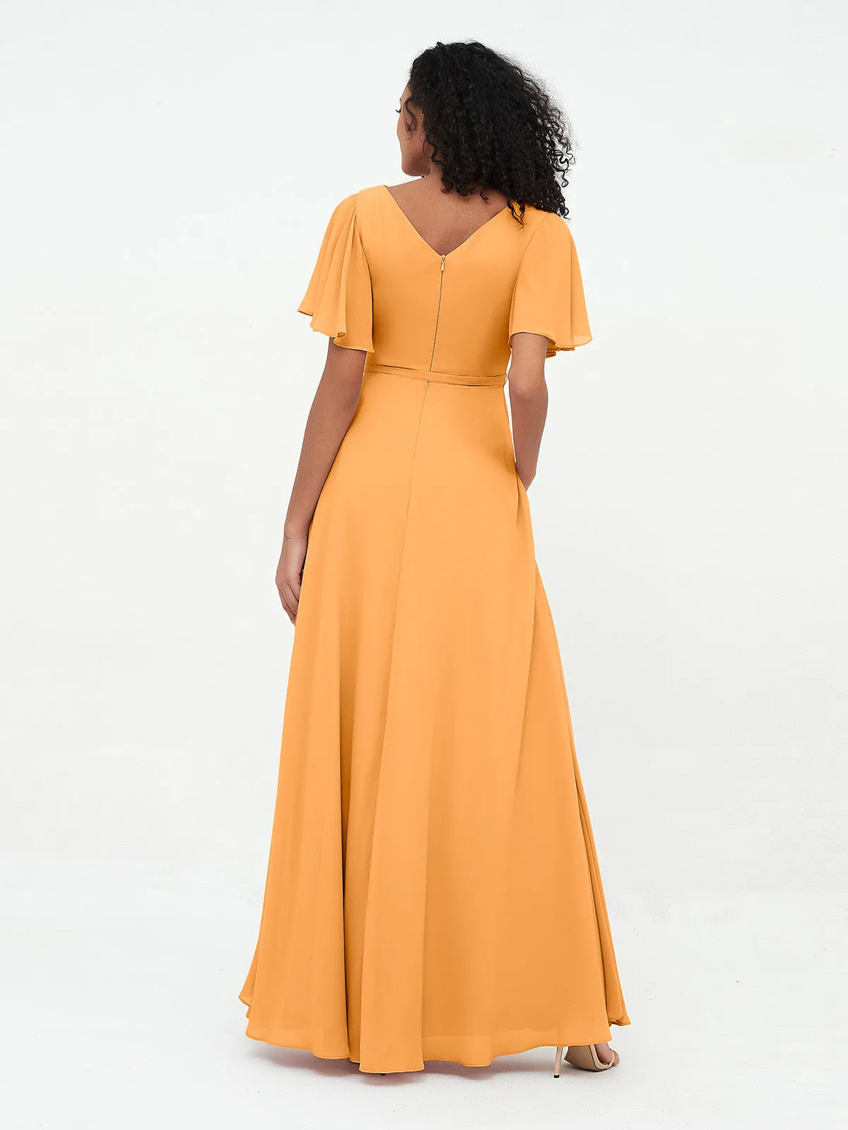 Flutter Sleeves Chiffon Max Dresses with Sash Bow-Tangerine