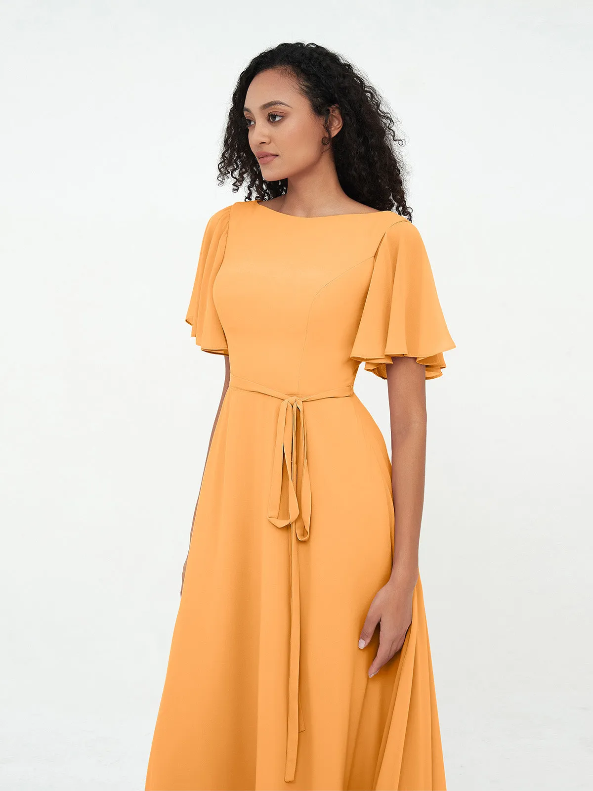 Flutter Sleeves Chiffon Max Dresses with Sash Bow-Tangerine