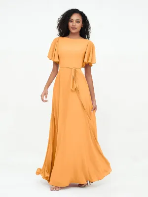 Flutter Sleeves Chiffon Max Dresses with Sash Bow-Tangerine