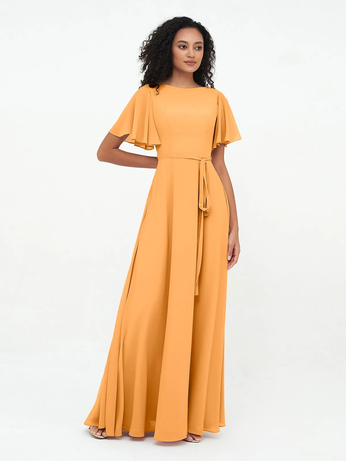 Flutter Sleeves Chiffon Max Dresses with Sash Bow-Tangerine