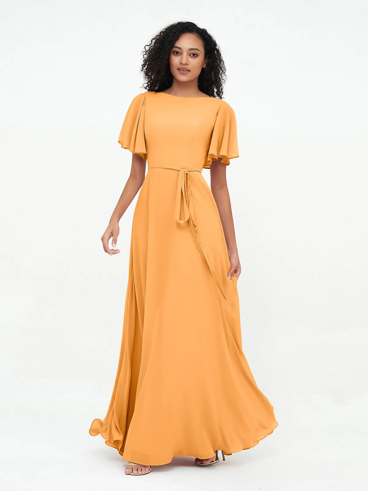 Flutter Sleeves Chiffon Max Dresses with Sash Bow-Tangerine