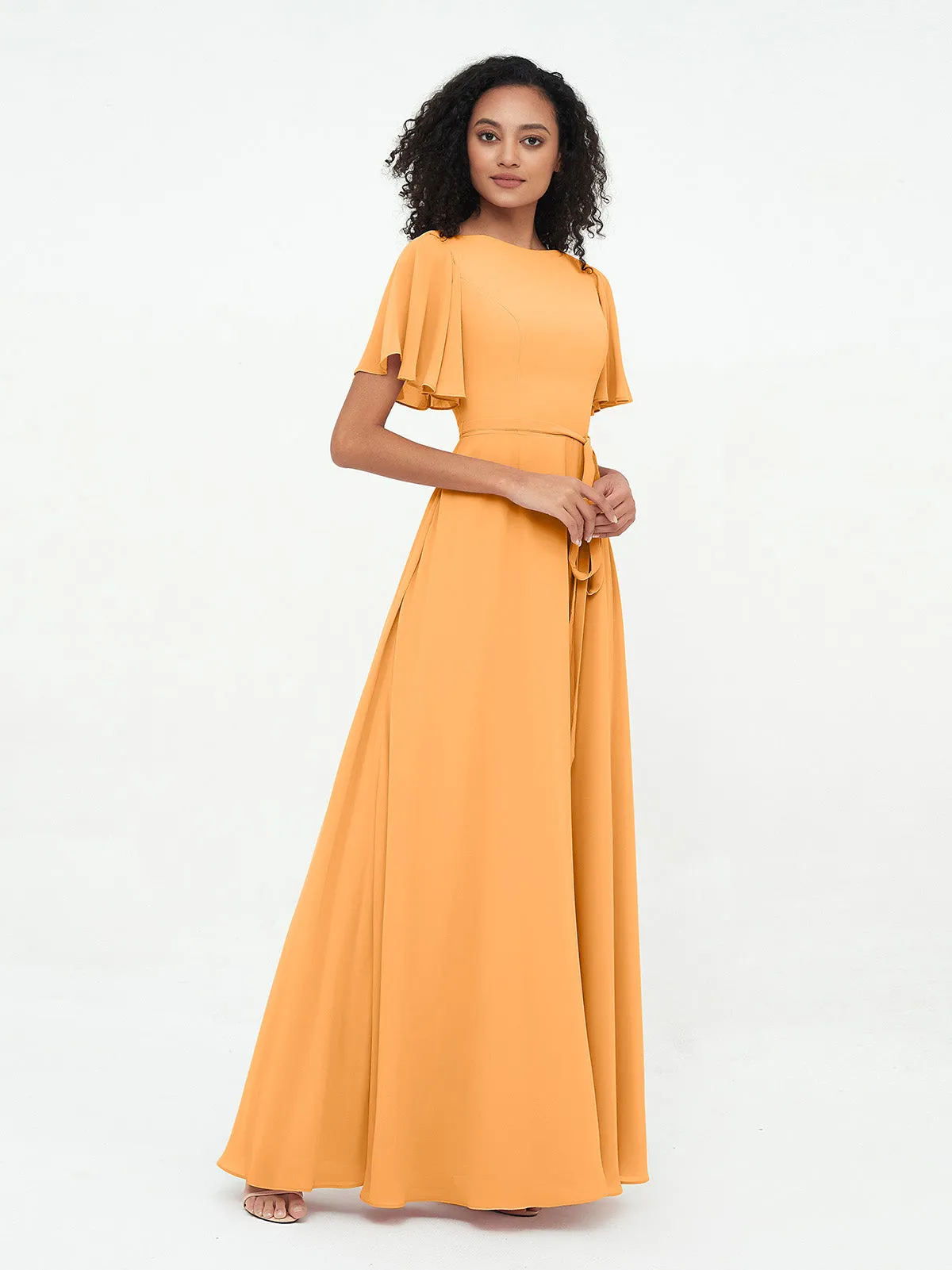 Flutter Sleeves Chiffon Max Dresses with Sash Bow-Tangerine