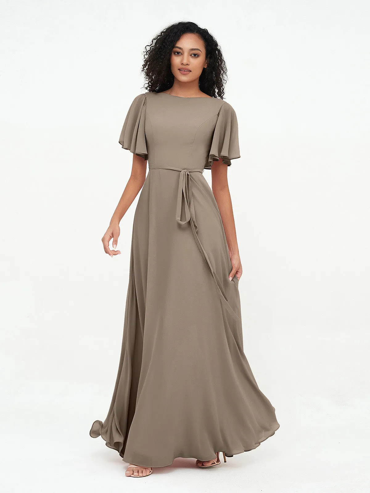 Flutter Sleeves Chiffon Max Dresses with Sash Bow-Taupe