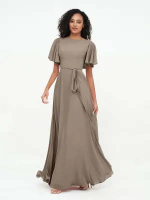 Flutter Sleeves Chiffon Max Dresses with Sash Bow-Taupe