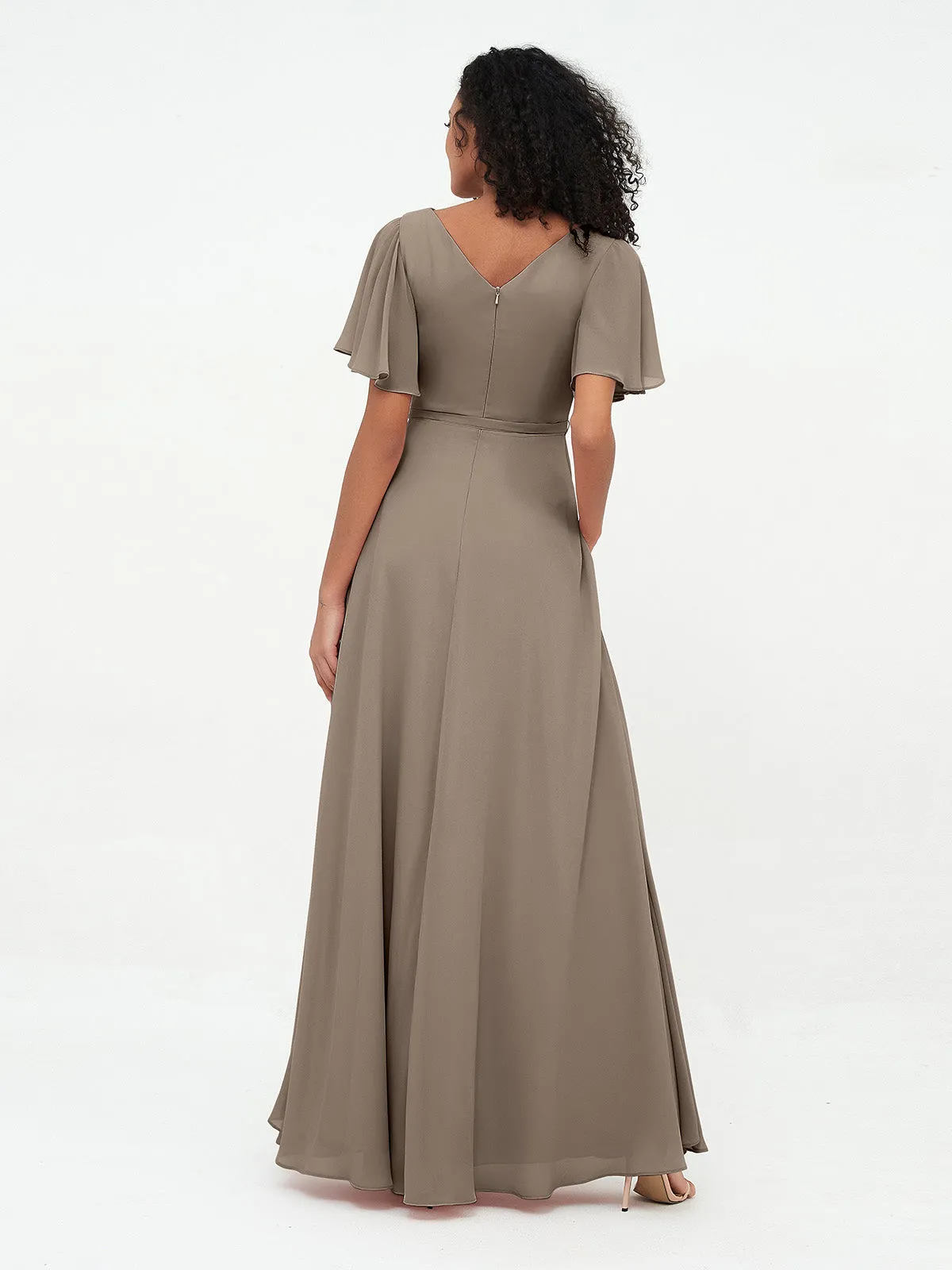 Flutter Sleeves Chiffon Max Dresses with Sash Bow-Taupe