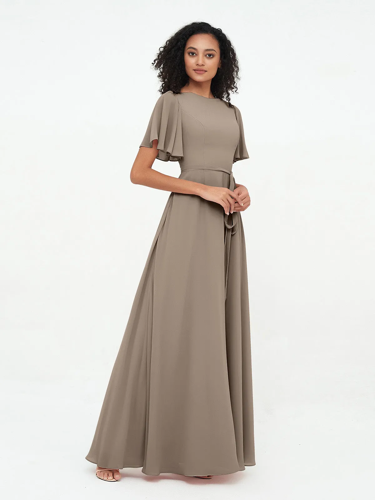 Flutter Sleeves Chiffon Max Dresses with Sash Bow-Taupe