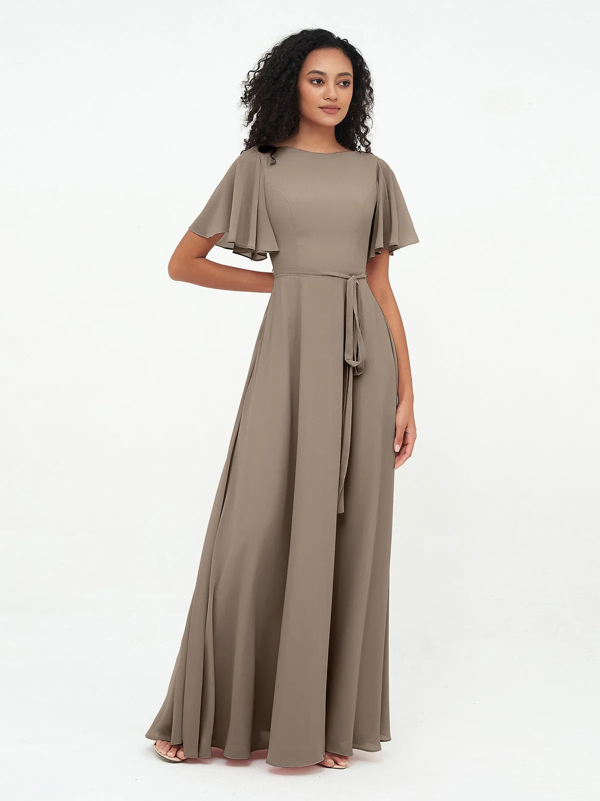 Flutter Sleeves Chiffon Max Dresses with Sash Bow-Taupe