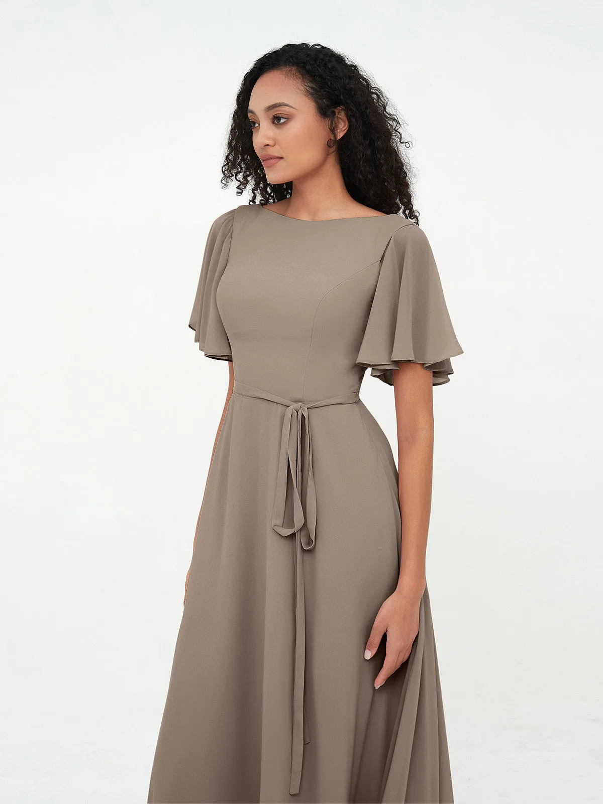 Flutter Sleeves Chiffon Max Dresses with Sash Bow-Taupe