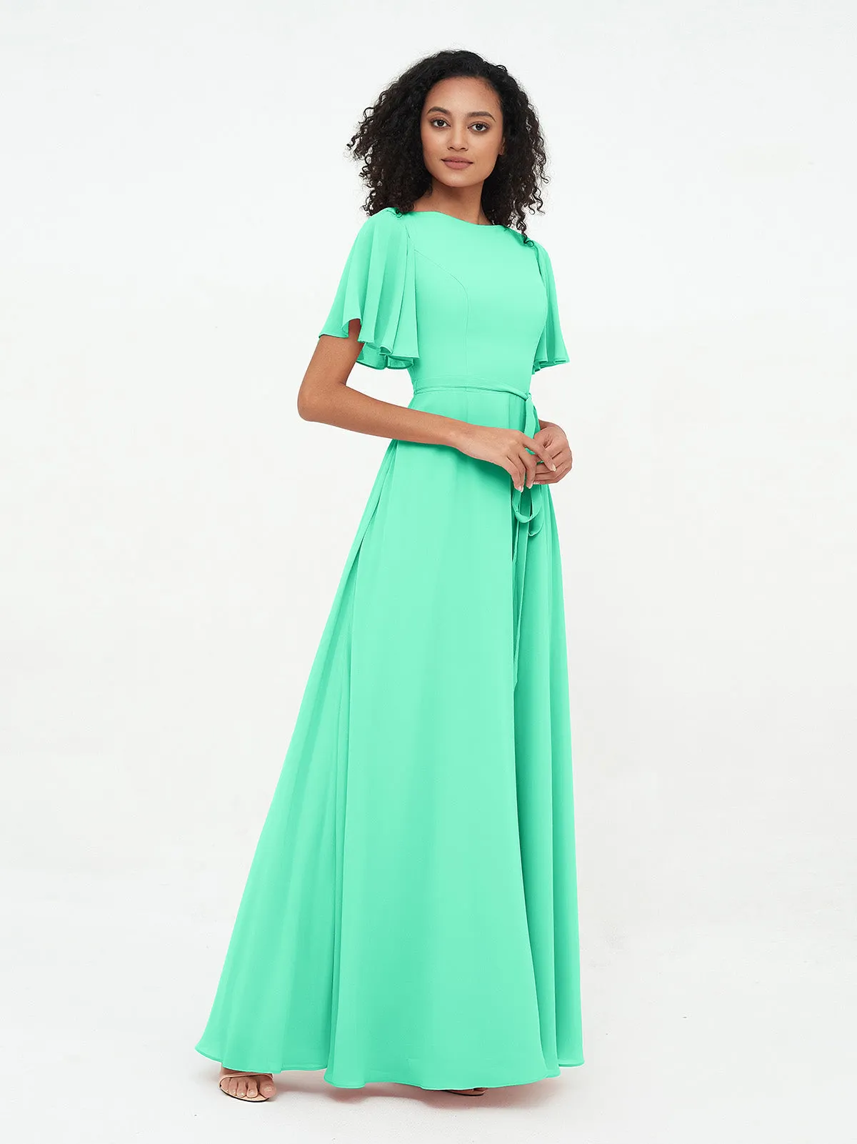 Flutter Sleeves Chiffon Max Dresses with Sash Bow-Turquoise