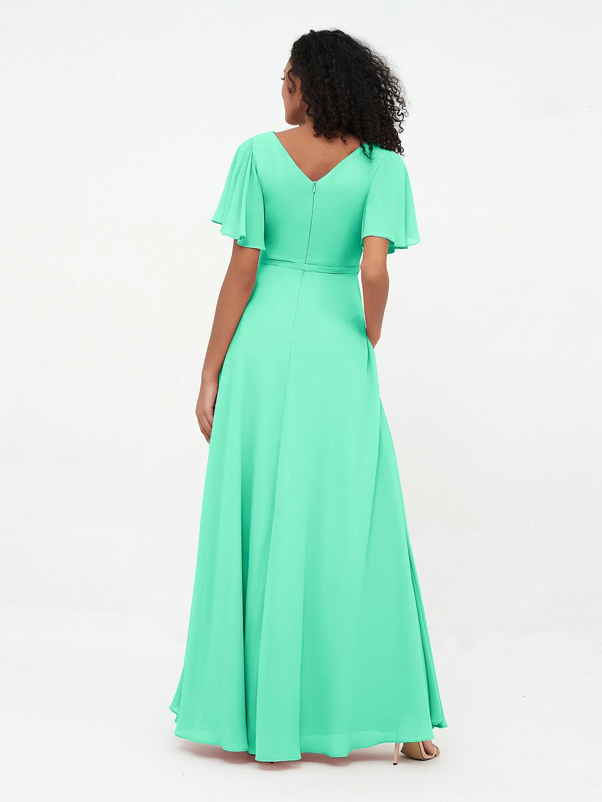 Flutter Sleeves Chiffon Max Dresses with Sash Bow-Turquoise