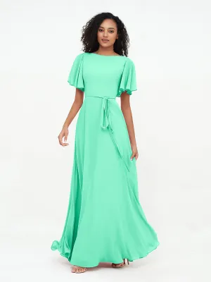 Flutter Sleeves Chiffon Max Dresses with Sash Bow-Turquoise
