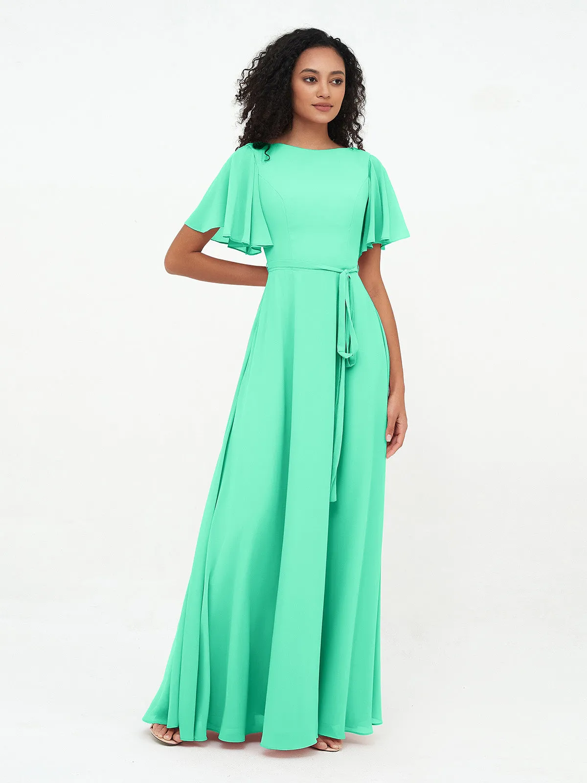 Flutter Sleeves Chiffon Max Dresses with Sash Bow-Turquoise