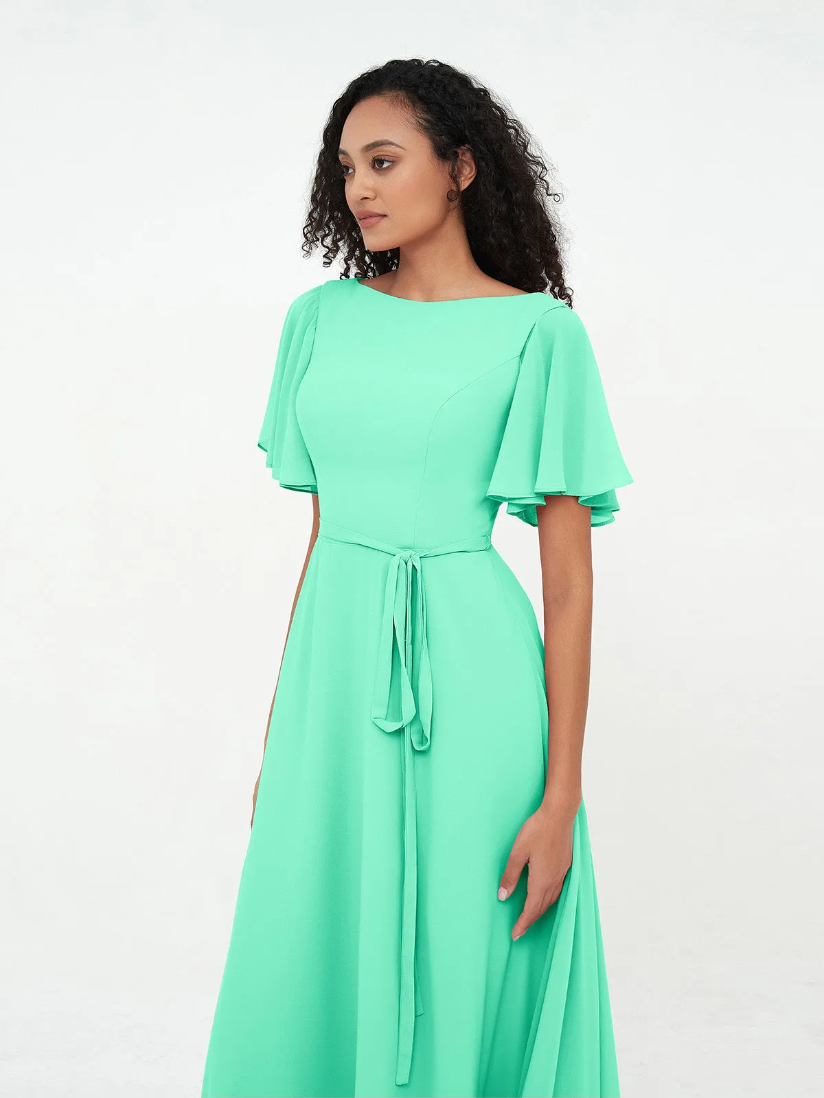 Flutter Sleeves Chiffon Max Dresses with Sash Bow-Turquoise