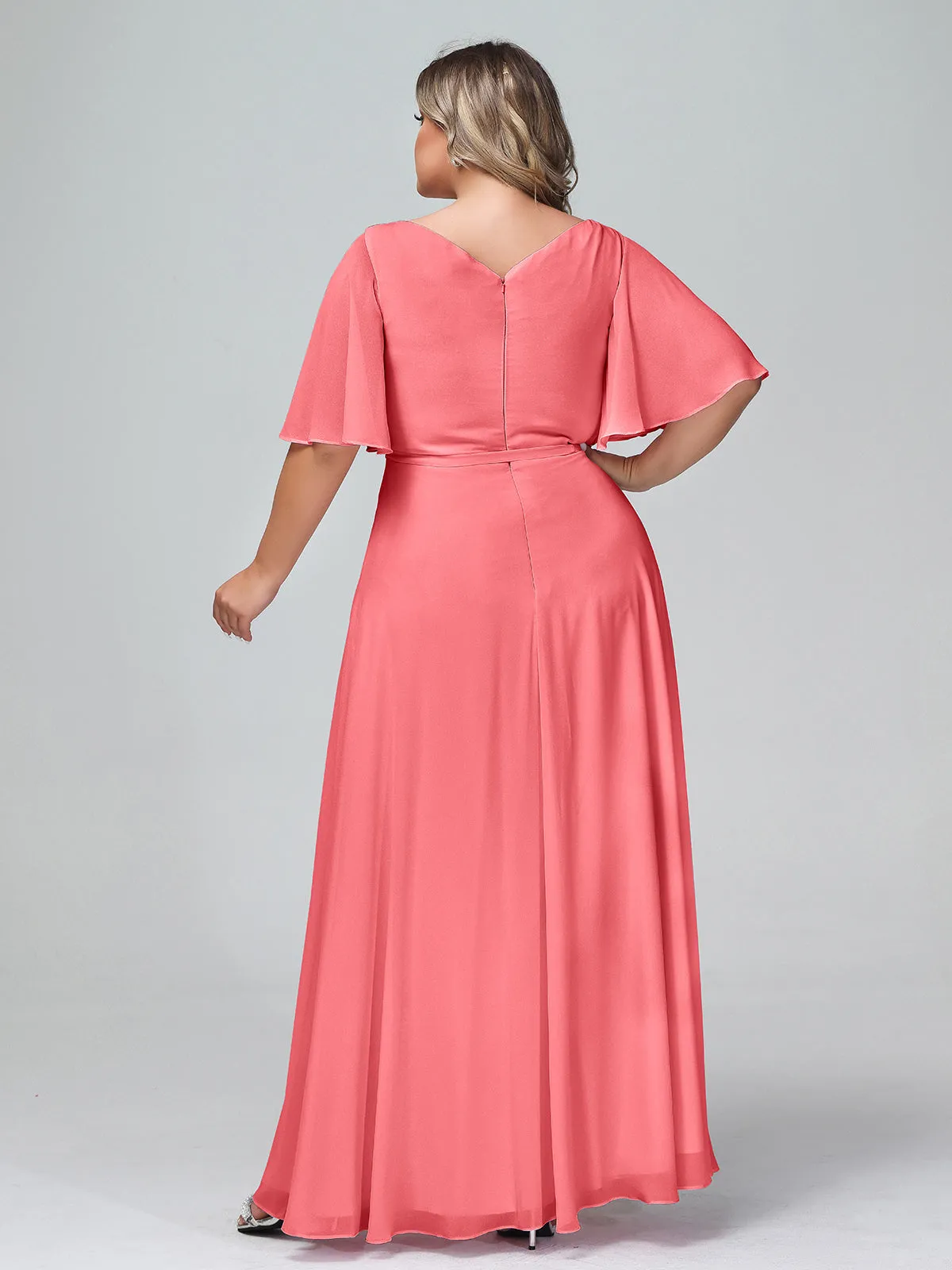 Flutter Sleeves Chiffon Max Dresses with Sash Bow-Watermelon Plus Size