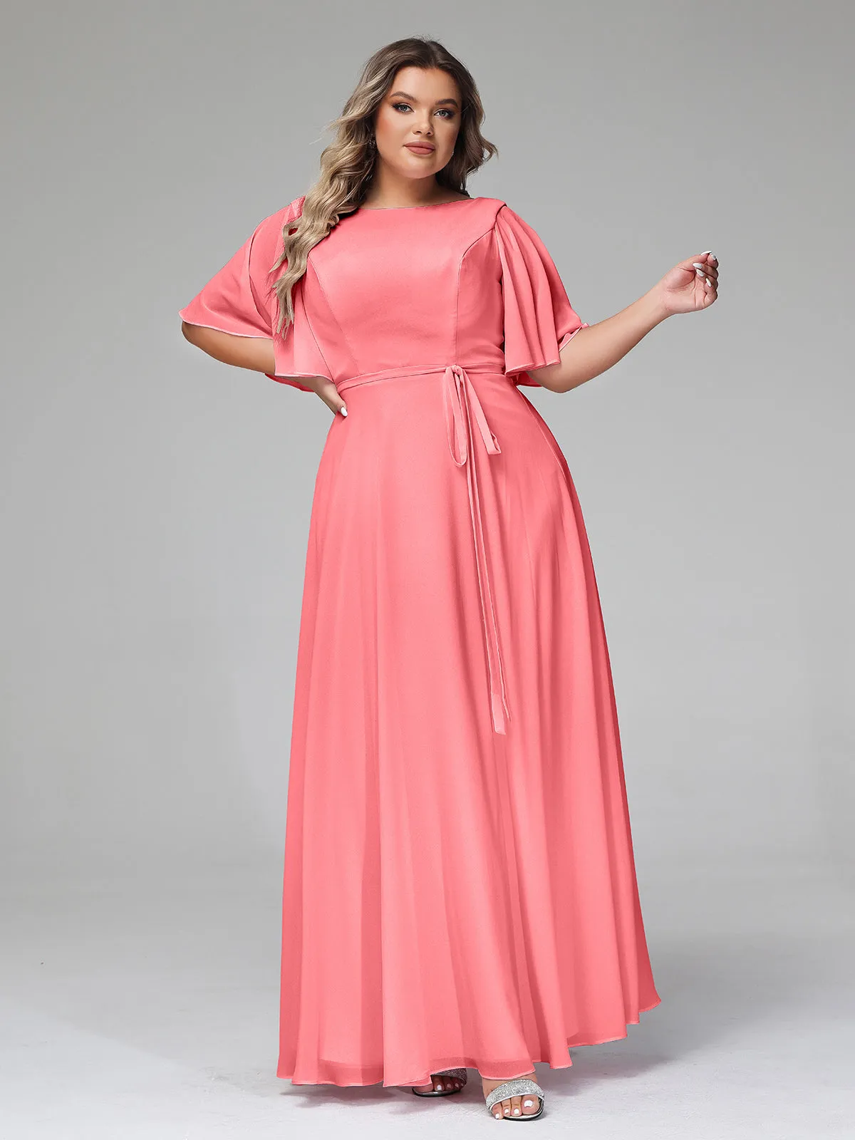 Flutter Sleeves Chiffon Max Dresses with Sash Bow-Watermelon Plus Size