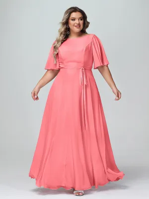 Flutter Sleeves Chiffon Max Dresses with Sash Bow-Watermelon Plus Size