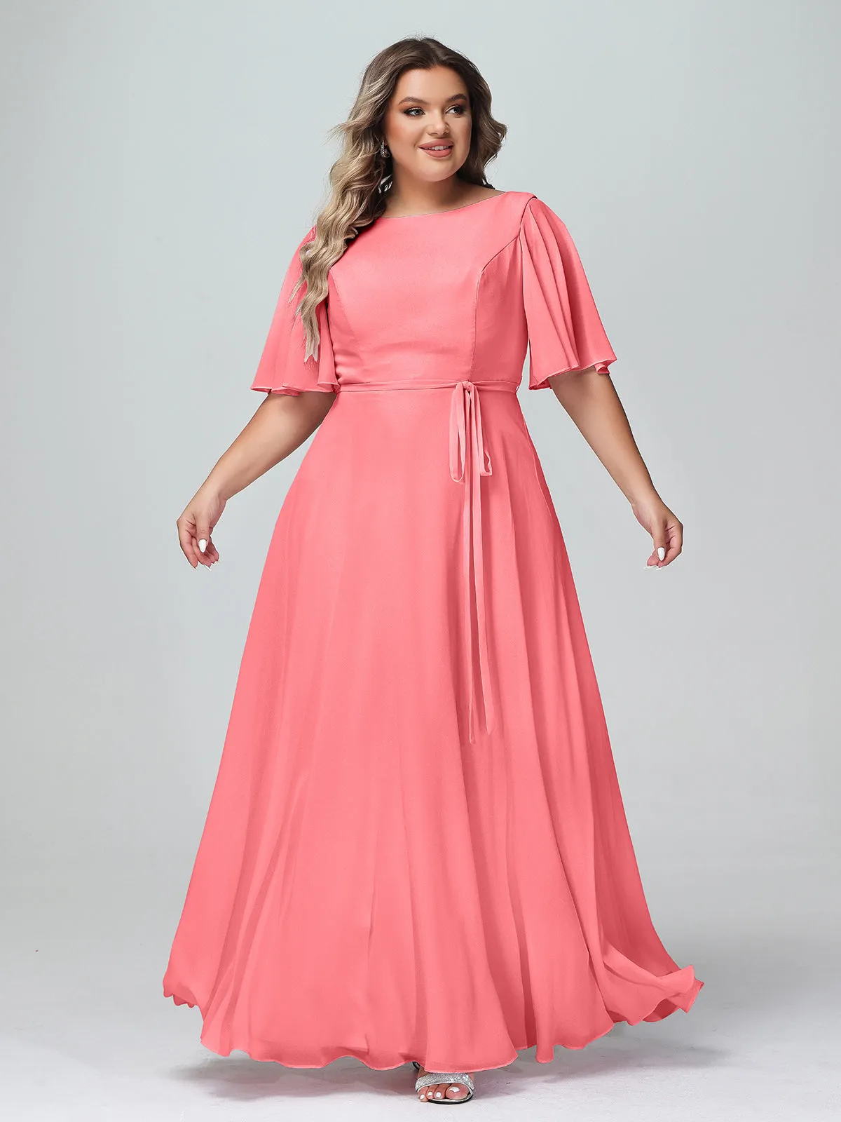 Flutter Sleeves Chiffon Max Dresses with Sash Bow-Watermelon Plus Size