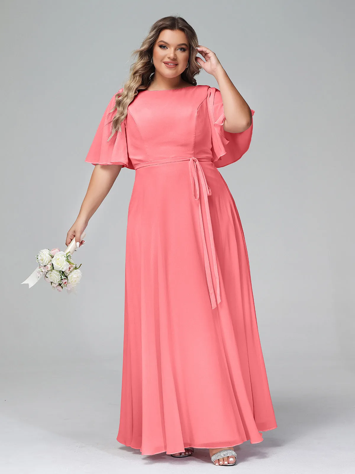 Flutter Sleeves Chiffon Max Dresses with Sash Bow-Watermelon Plus Size