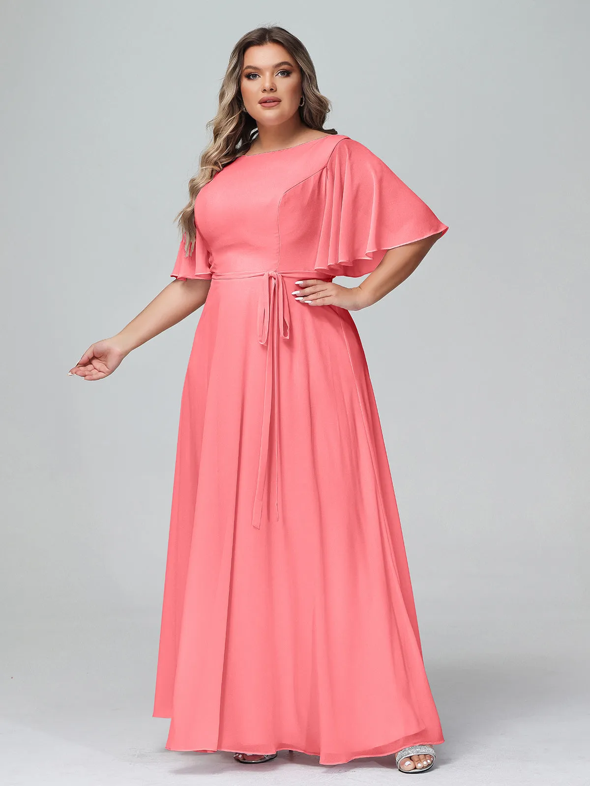 Flutter Sleeves Chiffon Max Dresses with Sash Bow-Watermelon Plus Size