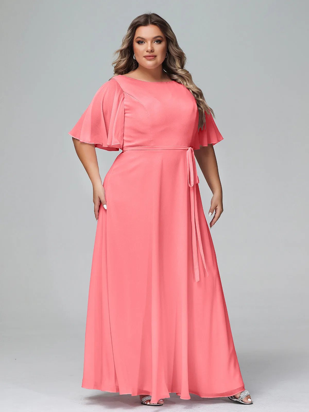 Flutter Sleeves Chiffon Max Dresses with Sash Bow-Watermelon Plus Size