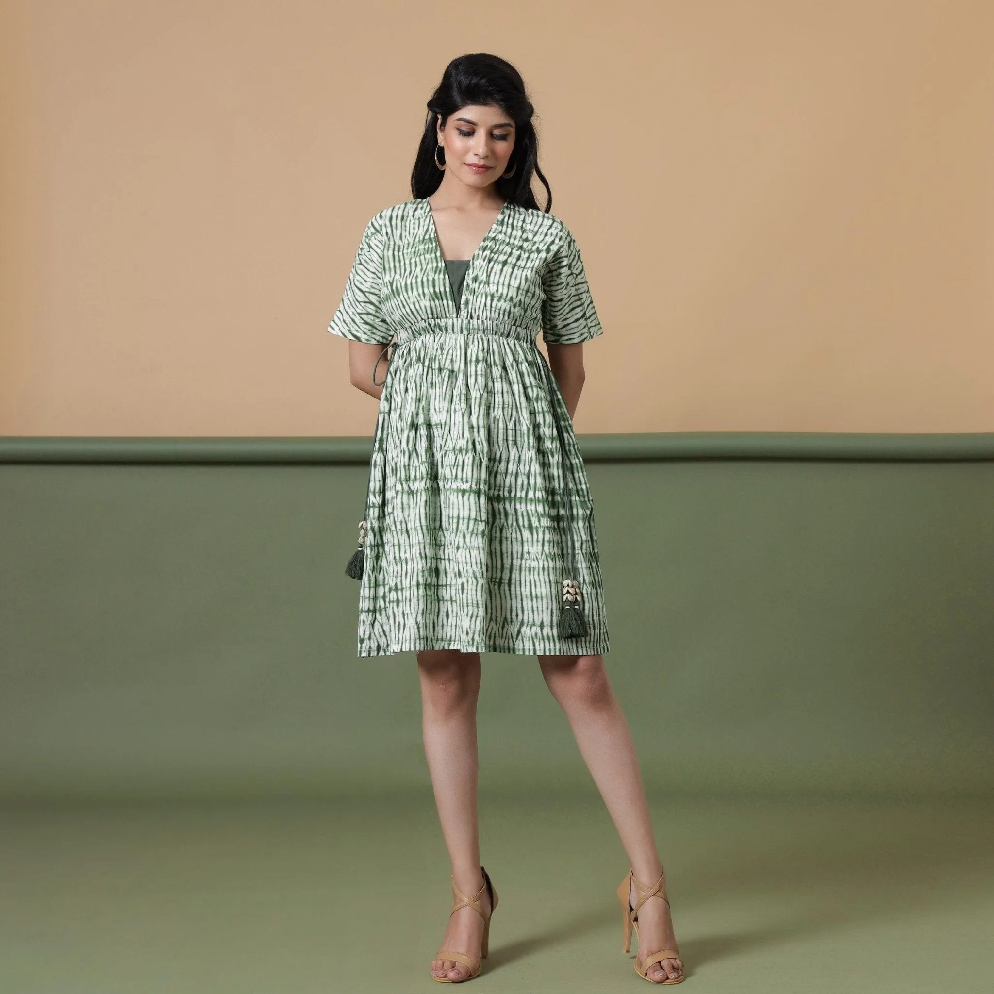 Forest Green Shibori Tie-Dye Cotton Knee Length Dress