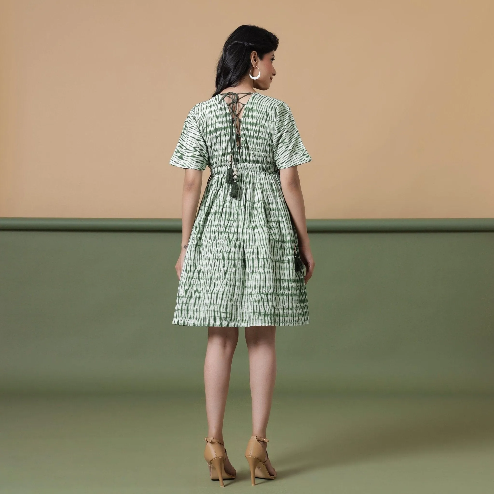 Forest Green Shibori Tie-Dye Cotton Knee Length Dress