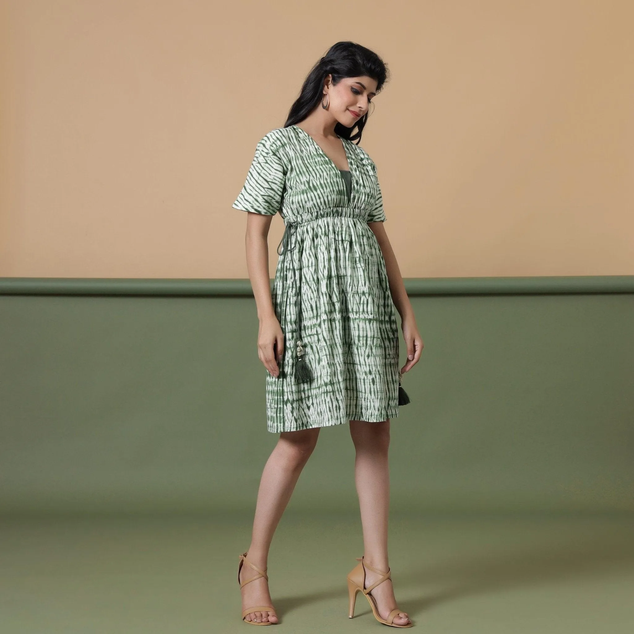 Forest Green Shibori Tie-Dye Cotton Knee Length Dress