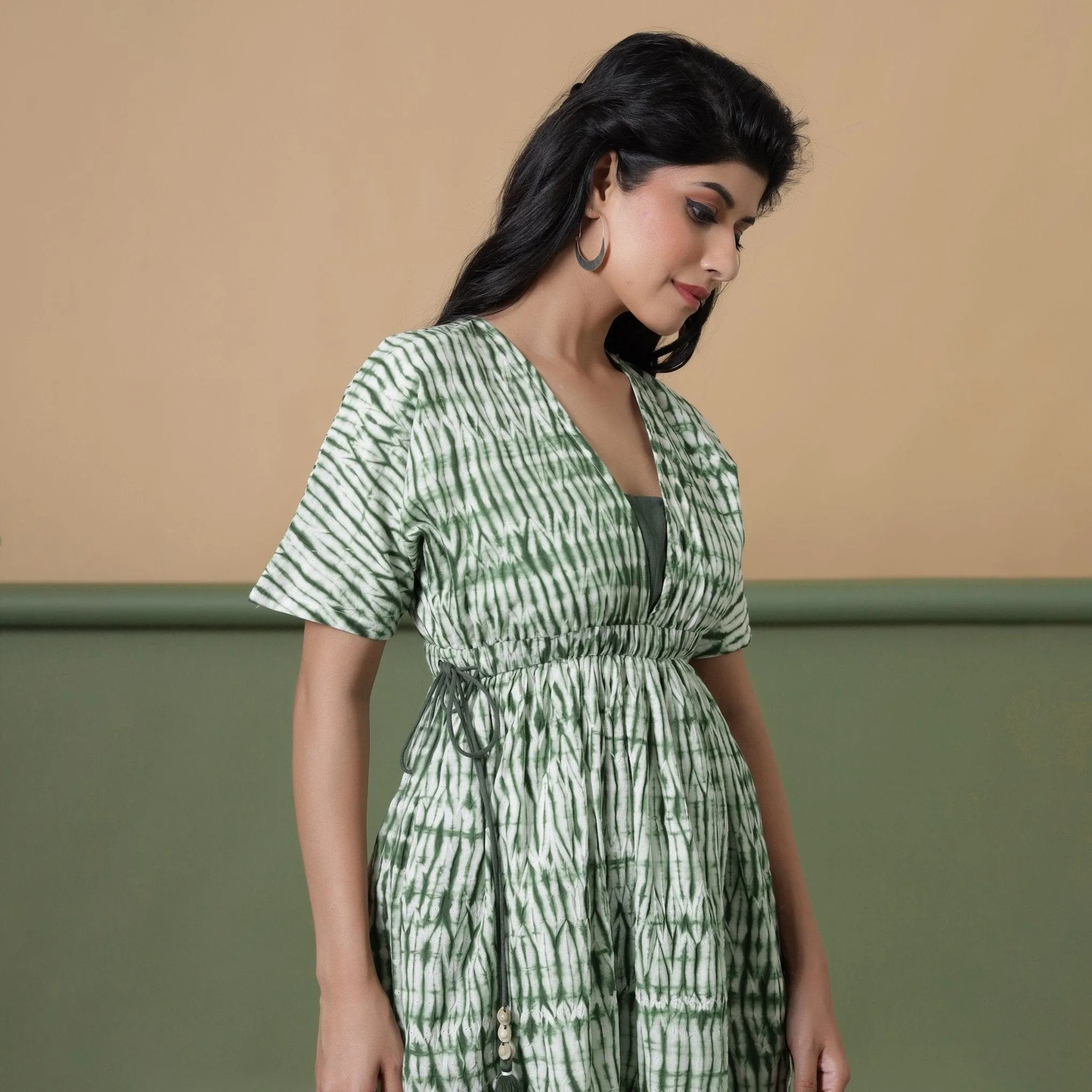 Forest Green Shibori Tie-Dye Cotton Knee Length Dress