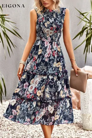 Frill Trim Smocked Sleeveless Floral Midi Dress