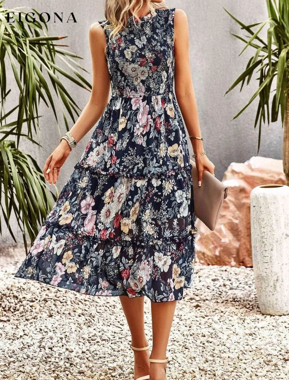 Frill Trim Smocked Sleeveless Floral Midi Dress