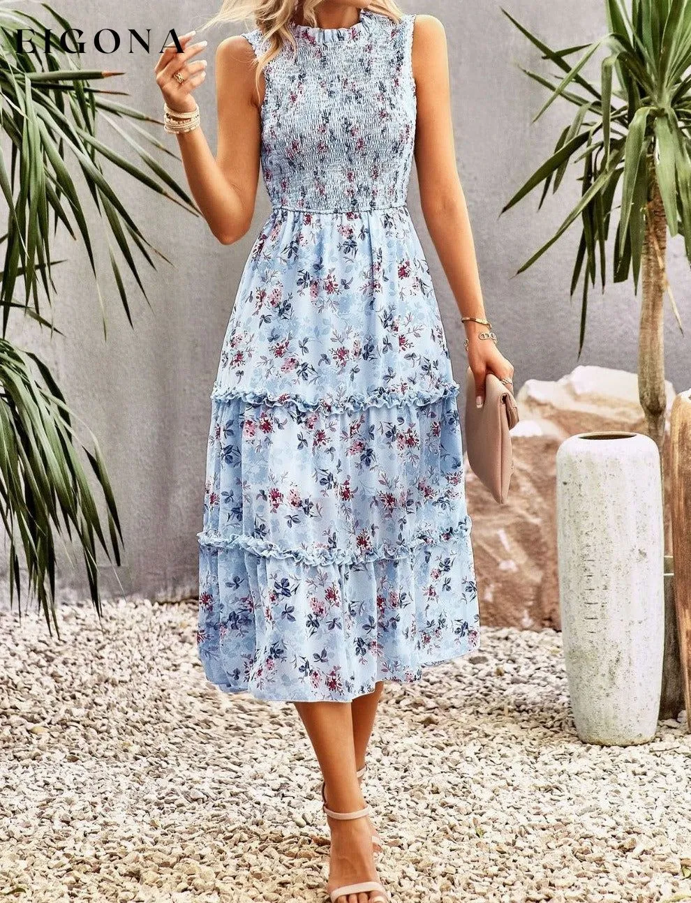 Frill Trim Smocked Sleeveless Floral Midi Dress