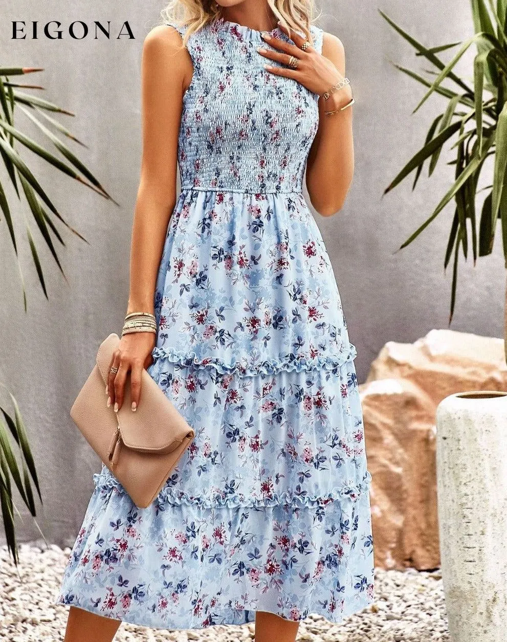 Frill Trim Smocked Sleeveless Floral Midi Dress