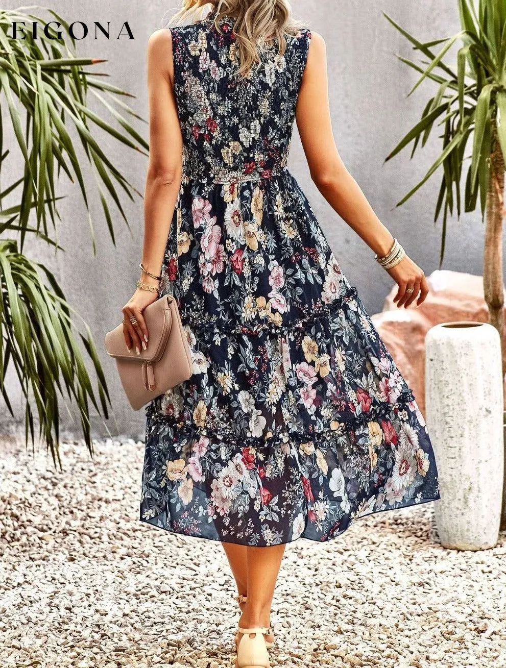 Frill Trim Smocked Sleeveless Floral Midi Dress