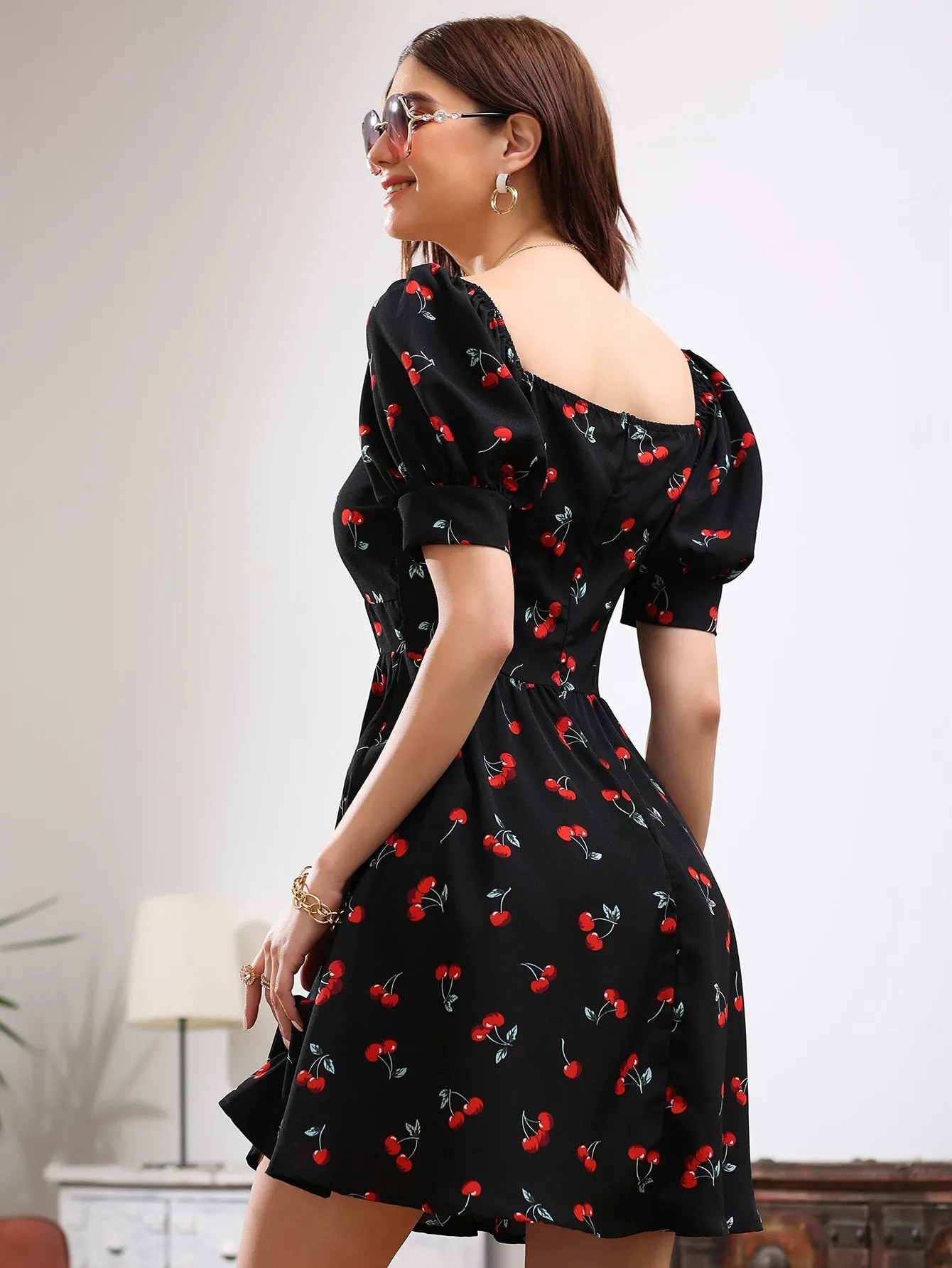 Fruit&Vegetable Ruched Short Sleeve Sweetheart Flared High Waist Short Dress