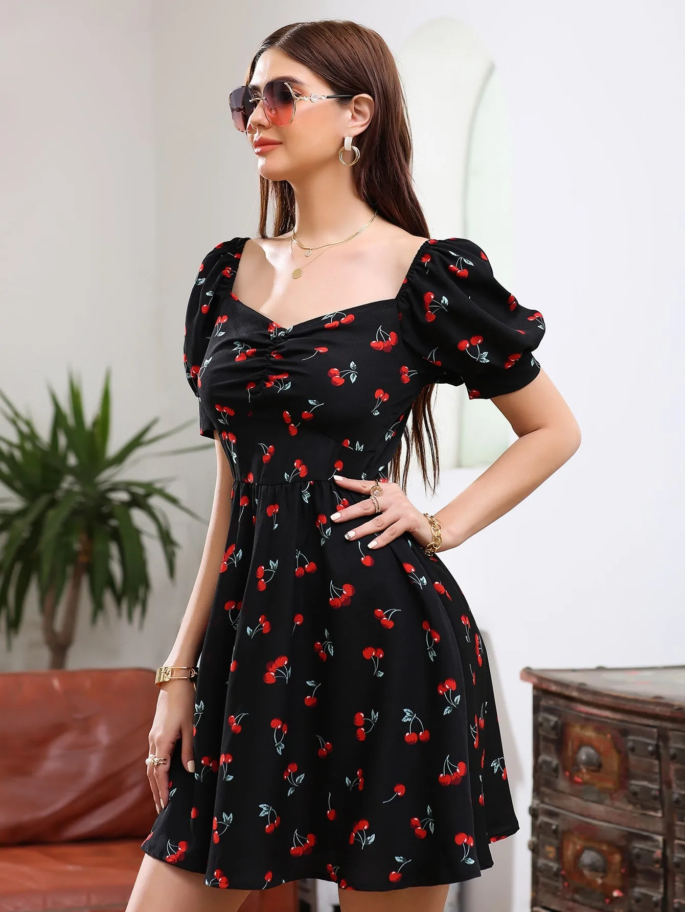 Fruit&Vegetable Ruched Short Sleeve Sweetheart Flared High Waist Short Dress