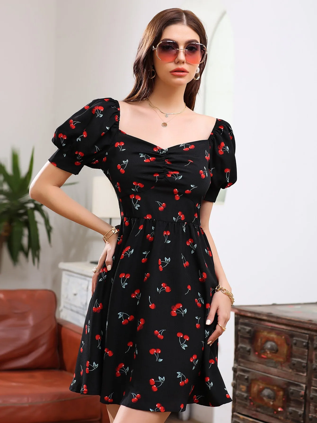 Fruit&Vegetable Ruched Short Sleeve Sweetheart Flared High Waist Short Dress